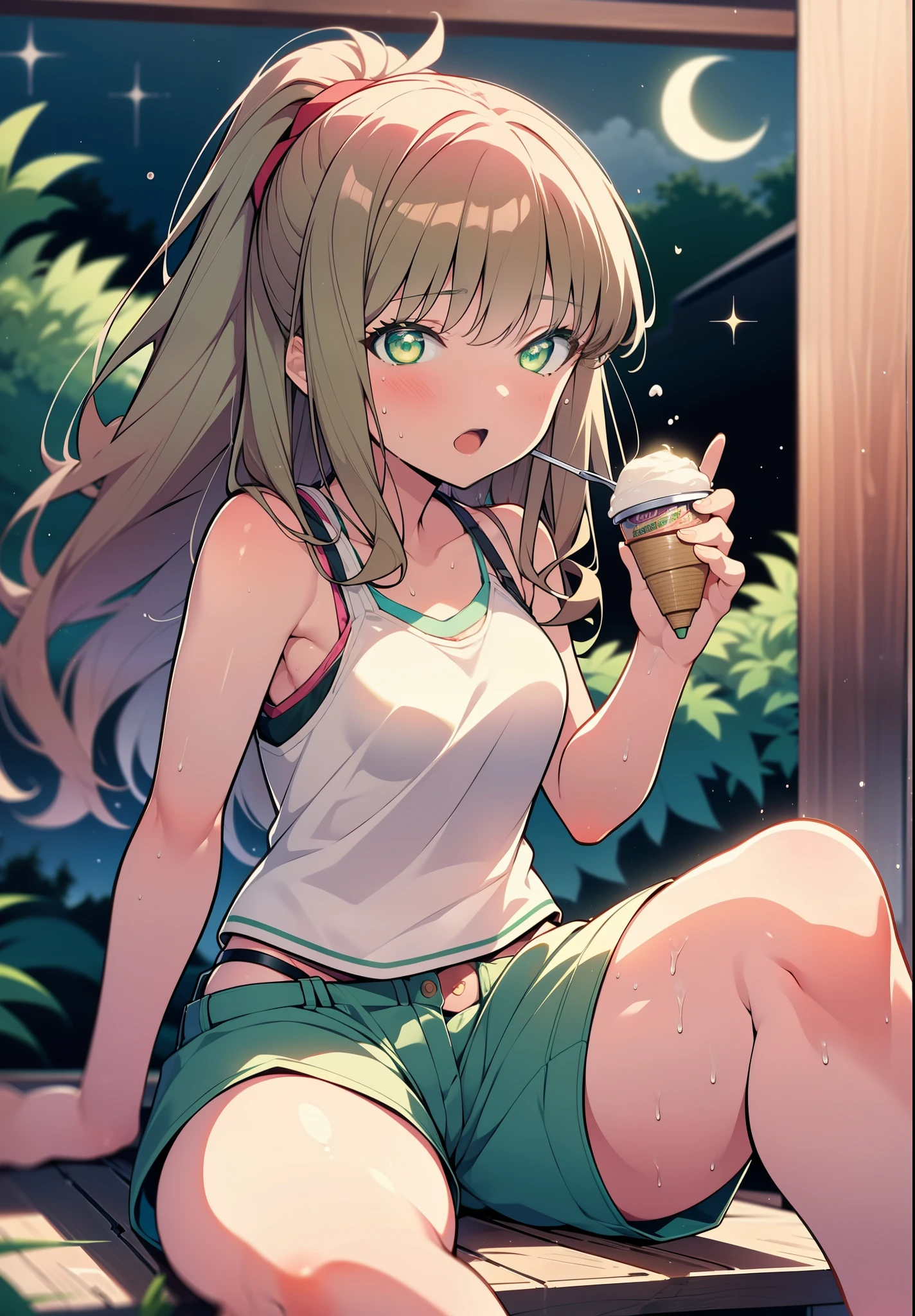 minami yume ,sss Dynazenon ,Long Hair, Brown Hair, (Green Eyes:1.5) ,smile,Open your mouth,Medium Breast,hair band,ponytail,Black Tank Top,Sweat,Black string underwear,barefoot,Holding and eating ice cream with both hands,Sitting on the sofa,night,moon,Mosquito coil,Sitting on a bench,whole bodyがイラストに入るように,
break looking at viewer, whole body,(Cowboy Shot:1. 5),
break indoors, Veranda,
break (masterpiece:1.2), Highest quality, High resolution, unity 8k wallpaper, (shape:0.8), (Beautiful and beautiful eyes:1.6), Highly detailed face, Perfect lighting, Extremely detailed CG, (Perfect hands, Perfect Anatomy),