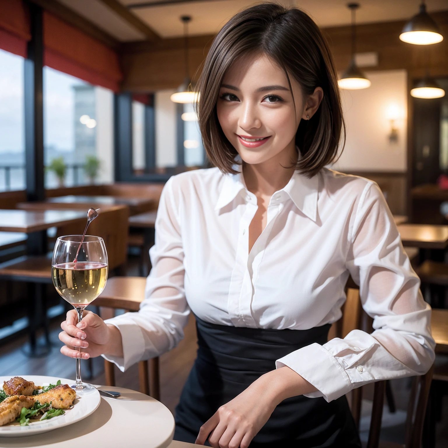 ((Highest quality、8k、masterpiece:1.3))、slimカップル、Pink rubber、modelカップル、(Realistic, Intricate details:1.2), full-course dinner、Wine Party、Amazing view of the sunset sky and clouds、A bright smile、The wonderfulness of smile、Bright image、The beauty of wine, Beautiful Face, blue eyes, The light shines on your face, blush, short hair,Bright Face、 (Age 37), 39 years old, red wine 、Appetizers、Italian food、Wine bottle、Champagne、sparkling wine、Two beauties、Brown Hair、Shortcuts、Long sleeve shirt、dress、Beautiful woman 1, (slimな顔), (The body is slim), (Brown Hair), (Shortcuts), cheeks turn a little red,Attractive beauty、restaurant, In a prominent place (From the waist up) Nova Frog Style, actress, model, Upper Body, White wine, slim, wine glass, 中央に置かれたwine glass, smile, (smile: 1.15), Beautiful fine grain, Depth f/2,saturation, High Contrast, Strong light and shadow,Moist Body:1.5、3D texture、Delicate eyes、Brown Hair、The hair is very shiny、