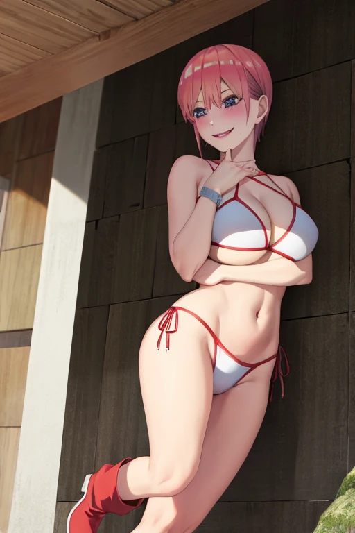 masterpiece, best quality, beautiful art, high resolution, well formed hands, body and fingers, 1 woman, solo, Ichika Nakano, pink hair, full body picture, grown up, adult, large and rounded breasted, cleavage, hair ornament, wearing a Tyris Flare outfit , white_bikini, full body, sexy and skimpy bikini, gorgeous hips, legs and thighs bouncing breasts, red boots, dancing seductively and erotically, turning backwards and forwards, bikini thong, shaking her body alluringly, smiling joyfully, looking at the viewer, sweating , flirting, beach environment