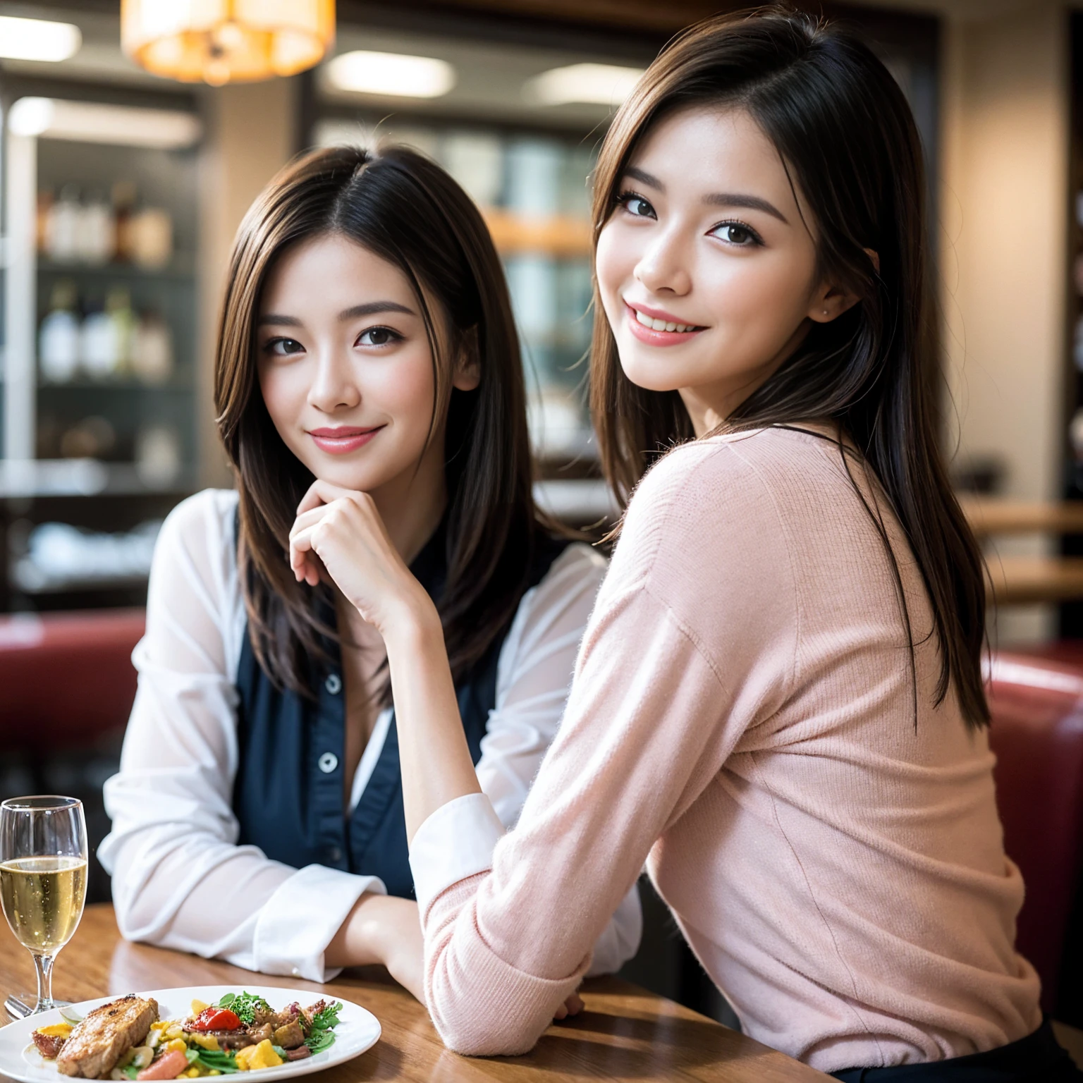 ((Highest quality、8k、masterpiece:1.3))、slimカップル、Pink rubber、modelカップル、(Realistic, Intricate details:1.2), full-course dinner、Wine Party、Amazing view of the sunset sky and clouds、A bright smile、The wonderfulness of smile、Bright image、The beauty of wine, Beautiful Face, blue eyes, The light shines on your face, blush, short hair,Bright Face、 (Age 37), 39 years old, red wine 、Appetizers、Italian food、Wine bottle、Champagne、sparkling wine、Two beauties、Brown Hair、Shortcuts、Long sleeve shirt、dress、Beautiful woman 1, (slimな顔), (The body is slim), (Brown Hair), (Shortcuts), cheeks turn a little red,Attractive beauty、restaurant, In a prominent place (From the waist up) Nova Frog Style, actress, model, Upper Body, White wine, slim, wine glass, 中央に置かれたwine glass, smile, (smile: 1.15), Beautiful fine grain, Depth f/2,saturation, High Contrast, Strong light and shadow,Moist Body:1.5、3D texture、Delicate eyes、Brown Hair、The hair is very shiny、