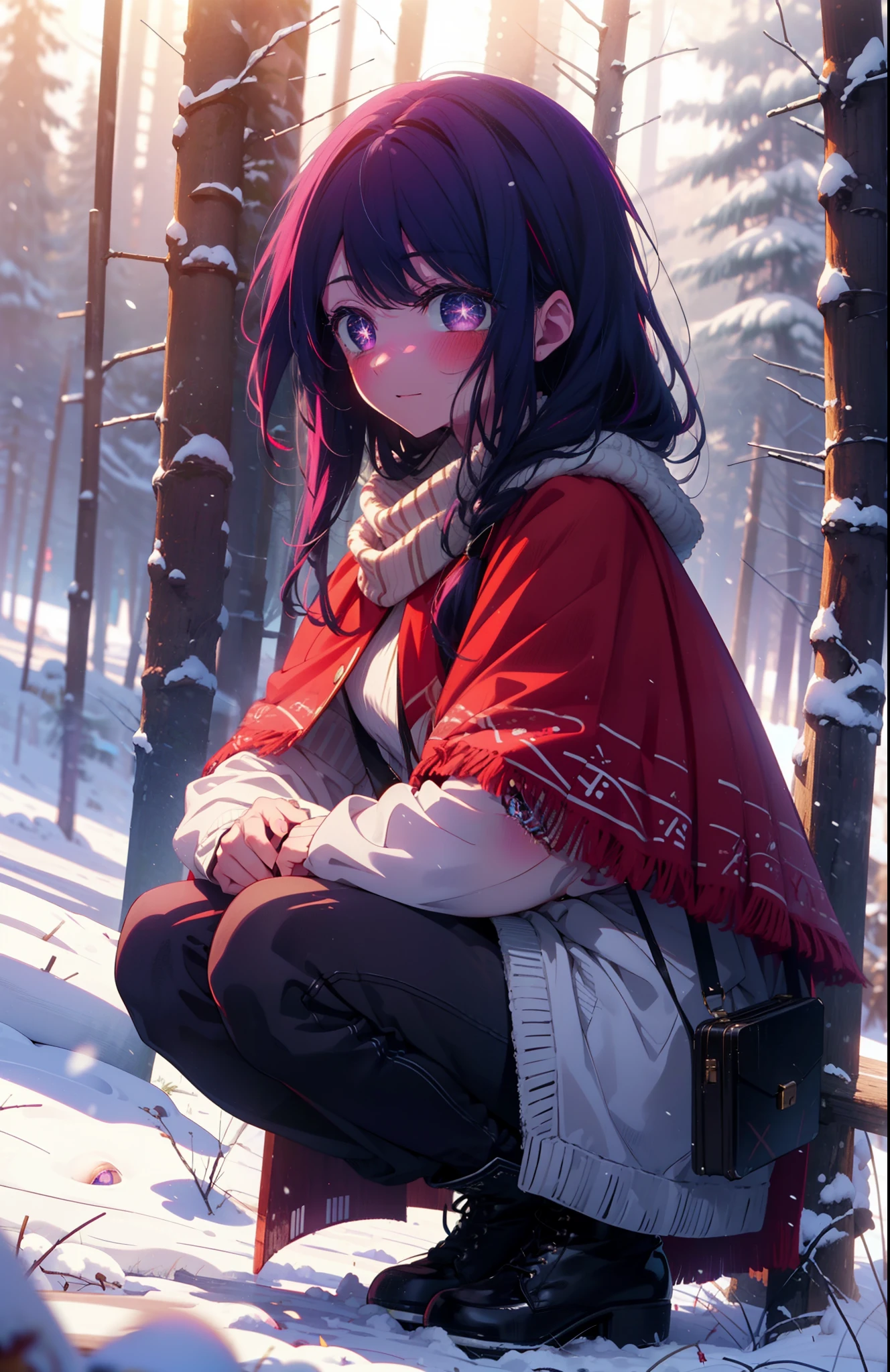 aihoshino, Ai Hoshino, Long Hair, bangs, (Purple eyes:1.1), Purple Hair, (Symbol-shaped pupil:1.5), smile,,smile,blush,white breath,
Open your mouth,snow,Ground bonfire, Outdoor, boots, snowing, From the side, wood, suitcase, Cape, Blurred, , forest, White handbag, nature,  Squat, Mouth closed, Cape, winter, Written boundary depth, Black shoes, red Cape break looking at viewer, Upper Body, whole body, break Outdoor, forest, nature, break (masterpiece:1.2), Highest quality, High resolution, unity 8k wallpaper, (shape:0.8), (Beautiful and beautiful eyes:1.6), Highly detailed face, Perfect lighting, Highly detailed CG, (Perfect hands, Perfect Anatomy),