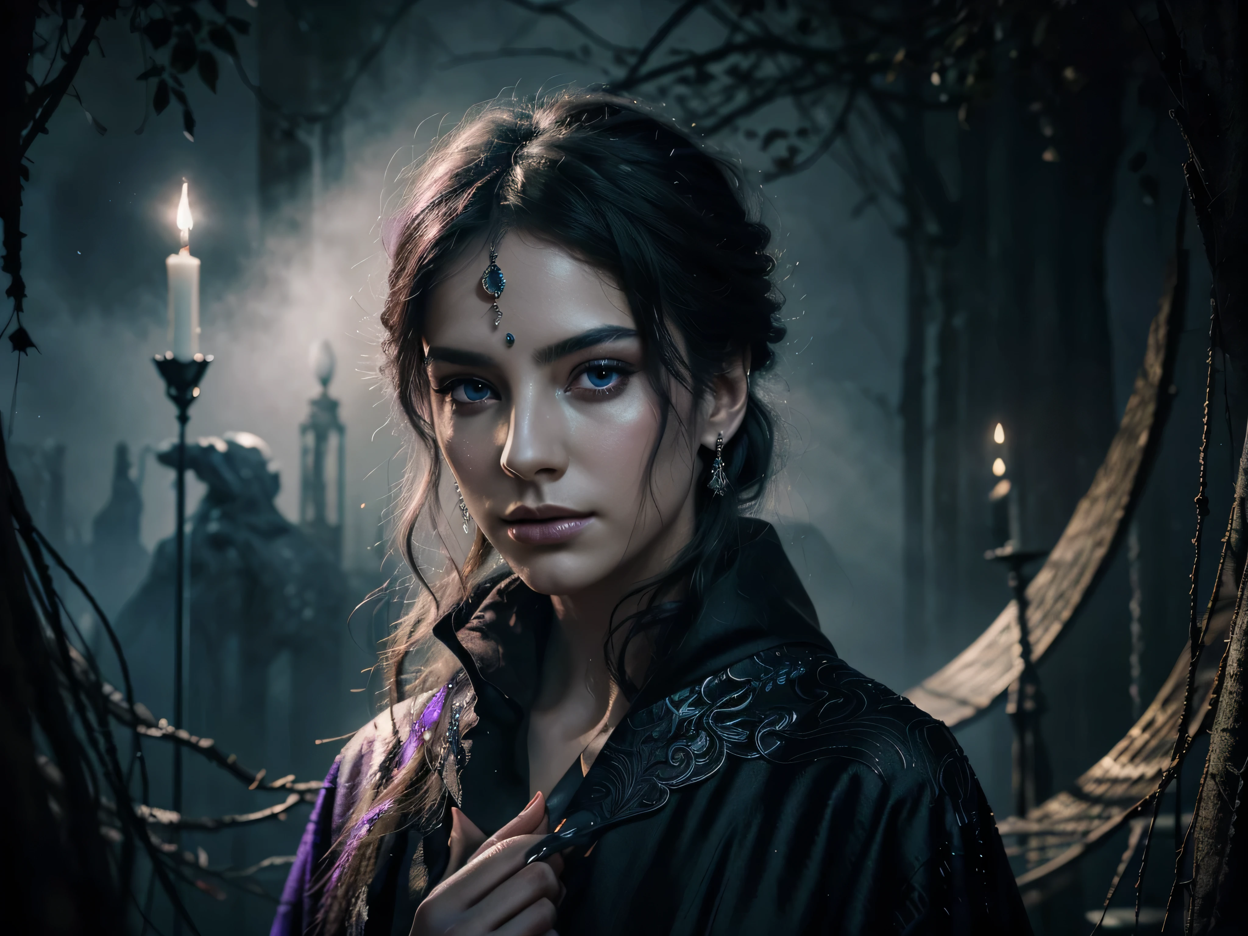 In the ethereal realm of color and shadows, a mesmerizing warlock emerges from the canvas, adorned in cascading robes of midnight hues and shimmering silver accents. His piercing eyes hold a mysterious gleam, reflecting depths unknown. This enchanting watercolor painting captures the essence of magic and allure with every brushstroke, creating a visual masterpiece that exudes power and elegance. Its delicate details and exquisite blend of tones evoke a sense of awe and wonder in the viewer, inviting them to delve into a world of enchantment and mystery.