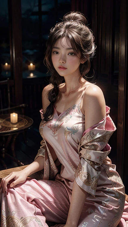 The art depicts a charming woman dressed in a flowing, silky traditional oriental dress, pink, decorated with intricate patterns and bright colors. Her dress drapes elegantly over her curvy figure, accentuating her seductive silhouette. She sits gracefully under the quiet moon, bathed in the soft glow of the moonlight. The scene exudes an ethereal and dreamy atmosphere, with a touch of mystery and sexiness. The graphic style blends watercolor and digital illustration techniques to evoke a refined beauty and charm. The lights are filled with soft moonlight, casting soft highlights and shadows on her charming features. Bare thighs, big breasts, three-dimensional facial features, sitting, upturned legs, side braids