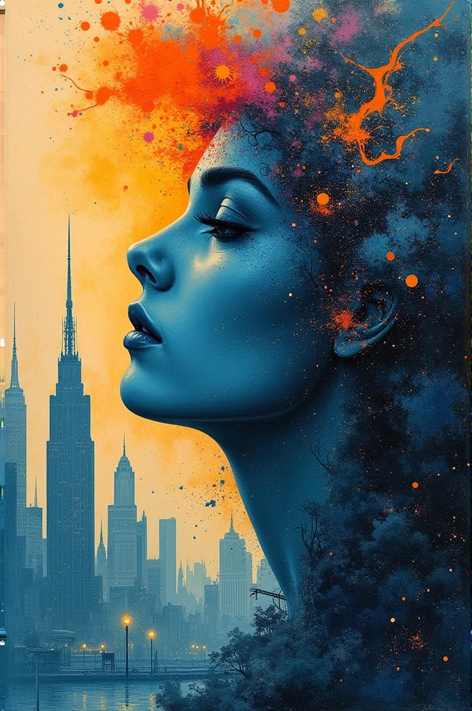 Abstract face in a city landscape, Mark English (Mark English) A realistic painting of , [:Anime Line Art:0.2], Celestial Bodies、hot、thunder、Water Theme, Epic splash art , The Art of Self-Destruction, , Abstract