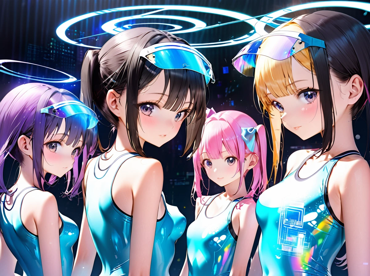 School swimsuit 3girls, cyber world, hologram,　School swimsuit, cyber world, Hologram, SF, gleaming, glamourous