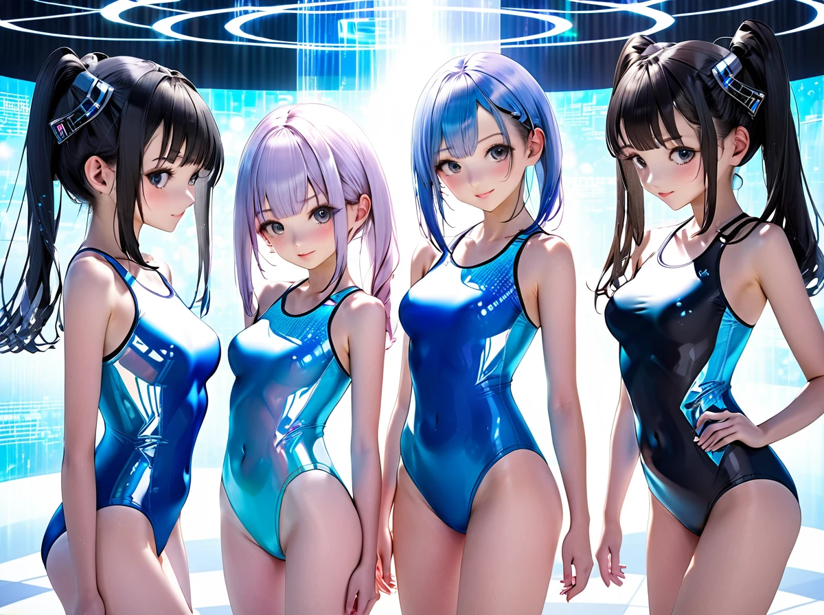 School swimsuit 3girls, cyber world, hologram, School swimsuit, cyber world, Hologram, SF, gleaming, glamourous