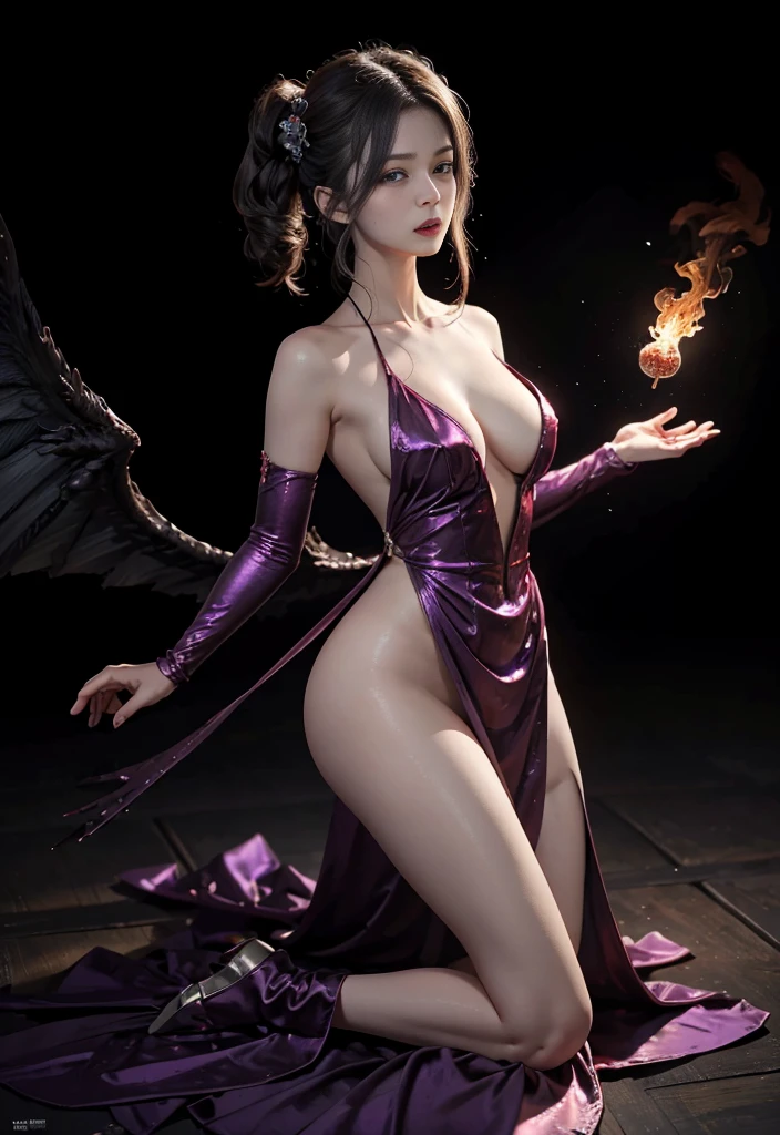 ((masterpiece, highest quality, Highest image quality, High resolution, photorealistic, Raw photo, 8K)), Best Quality, Realistic, Horror Movie, Full Body, (Very Evil and Beautiful), Demon Goddess of Death She had an intense sexual allure. She was naked, had large, beautiful breasts, big breasts, and red eyes, burning with flames from black wings. Purple magic dances in the red sky.
