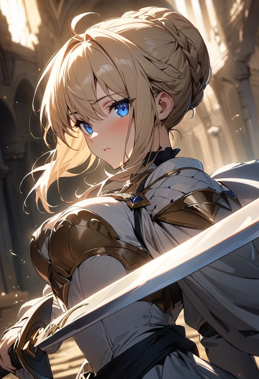(masterpiece:1.2), (highest quality:1.2), Perfect Eyes, Perfect Face, Perfect lighting,1girl, holding sword artoria pendragon \(fate\), fate \(series\) perspective medieval beautiful, aesthetic, detailed, beautiful color amazing quality, best quality, high quality