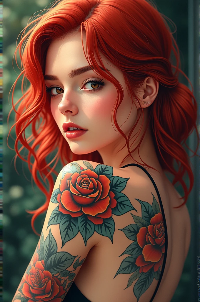 Style stickers, Stickers with white edges, beautiful shiny sticker, beautiful, tattoo vibe: My passion is on my skin. Imagine a scene of a beautiful young woman, 25 years old, Red hair,With light highlights, There are tattoos on the skin, Bright colors, Isometric background, Blurred background in tattoo studio, Pop Art Station, 8K, Resolution qlta masterpiece, Realistic Photography, author:Alphonse Mucha, From wlop,