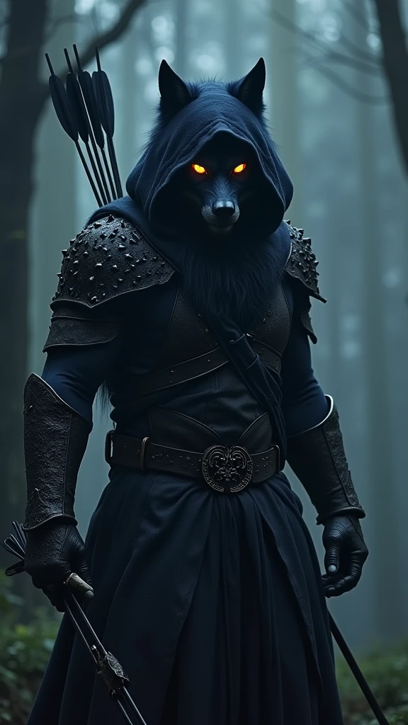 Hyper realistic, 5k, dark, gloomy, high fantasy, gothic, portrait of a gloomstalker ranger that’s a werewolf with hood on head, obscured face, black blue fur, wearing studded leather armor, menacing glowing eyes shining through the dark, posing with a longbow with arrow nocked, stalking, large, intimidating, mysterious, set in a deep dark forest environment
