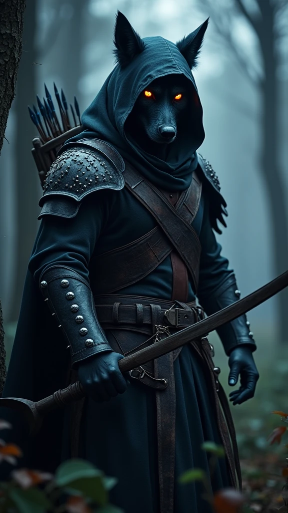 Hyper realistic, 5k, dark, gloomy, high fantasy, gothic, portrait of a gloomstalker ranger that’s a werewolf with hood on head, obscured face, black blue fur, wearing studded leather armor, menacing glowing eyes shining through the dark, posing with a longbow with arrow nocked, stalking, large, intimidating, mysterious, set in a deep dark forest environment