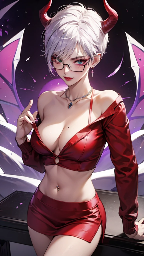 8k, masterpiece, best quality, highly detailed, 1 girl, tiefling, warlock, pixie cut, multicolored hair, very short straight hair green highlight hair on white hair, strippled hair, wearing glasses, round glasses, earrings, navel piercing, red eyeshadow, long eyelashes, blushed cheek, red lips, necklace, rings, collarbone, mole on face, glamorous, red and purple clothes, miniskirt, smirk, close up view, rings, looking at viewer, demon horns, solo, blue pale moon, standing, royal dress, devil books.