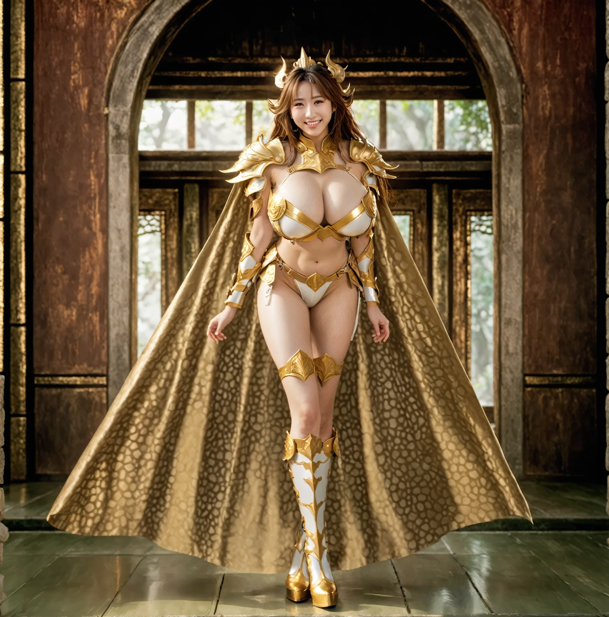 Chiharu Shida, Female warriors, Long-haired girl，Shy and embarrassed expression, Light smile, Full body armor, Full body armor, Beautiful fantasy queen, Strong busty princess, extremely detailed goddess shot, Golden cape, metal boots, cinematic goddess body shot, giant stunning goddess shot, ((Beautiful fantasy queen)), goddess. Extremely high detail, japanese goddess, anime goddess, Gorgeous role-playing, Heavy armor