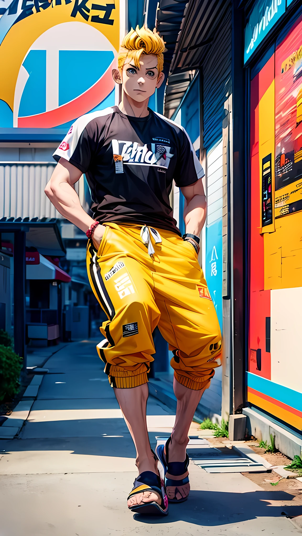 PHOTO OF AN ADULT MALE ANIME CHARACTER NAME "TAKEMICHI HANAGAKI" WITH SHORT YELLOW PUNK HAIR WITH HIP-HOP CLOTHES, AS WELL AS HIP-HOP TROUSERS, RED FLOP SANDALS, AND AN ABSTRACT CALLIGRAPHY BACKGROUND.