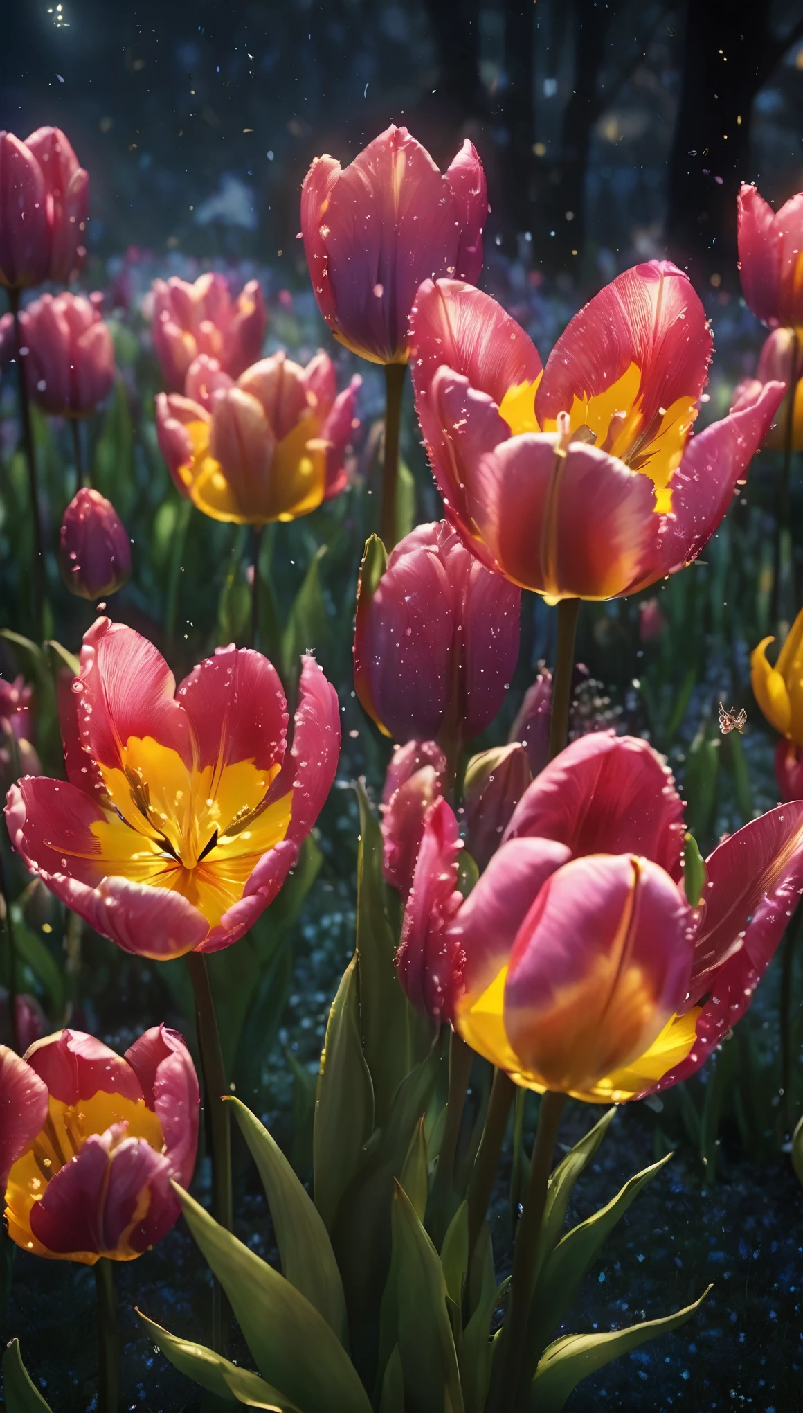 (8k, Highest quality, masterpiece: 1.2), (Realistic: 1.37), Very detailed, Close-up, (Tinkerbell and Tulips:1.2), vase１Tulip flowers on a desk, , , Small faint lights, flying fairies, night, , Intricate details, Splash screen, 