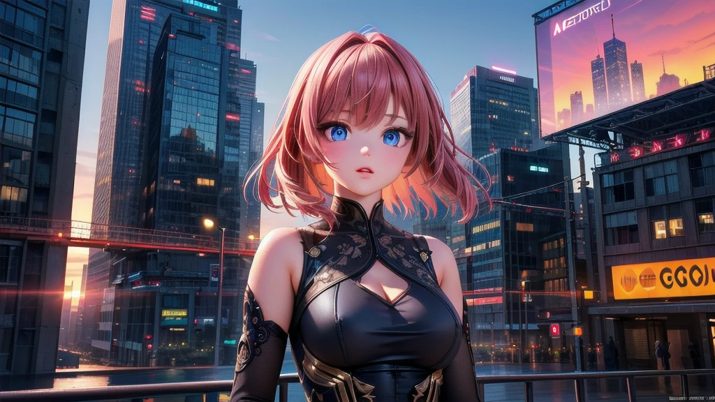 (upper body, beautiful dress), (best quality, masterpiece, high quality, 1girl, solo, (upper body, beautiful dress), illustration, beautiful detailed girl, beautiful detailed glow, beautiful detailed eyes, highres, detailed, high resolution illustraion, ultra-detailed, detailed background, beautiful detailed face), ((background: Generate a 3D banner image showcasing a futuristic cityscape at sunset. Incorporate realistic textures and lighting effects to emphasize the depth and realism of the scene. Highlight tall skyscrapers, neon lights, and flying vehicles, creating a sense of awe and wonder.))