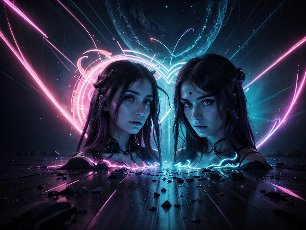 In the heart of a neon-lit abyss, a pulsating eldritch singularity swirls with intertwining hues of electric pink and cobalt blue. This digital painting captures the moment when ancient forces collide in a burst of synthwave energy, creating a mesmerizing yet terrifying spectacle. The image, a digital art piece, exudes a sense of otherworldly beauty and cosmic horror, with intricate details and vibrant colors that pop off the screen. Viewers are drawn in by the sheer quality and craftsmanship of this surreal and haunting depiction.