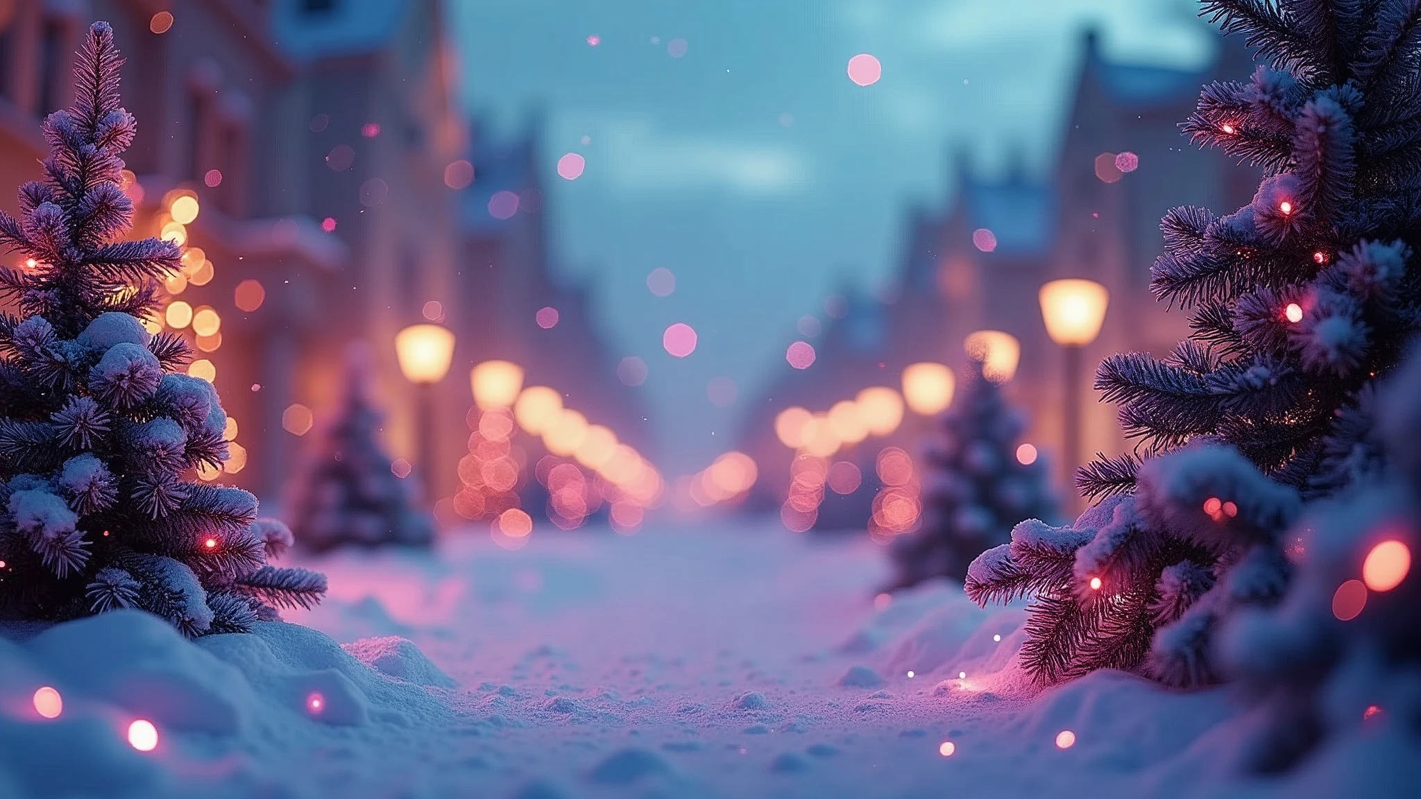 city at christmas, surrounded by snowflakes and Christmas decorations in purple and teal tones in a colorful, dreamlike environment with glittering lights and boken effects