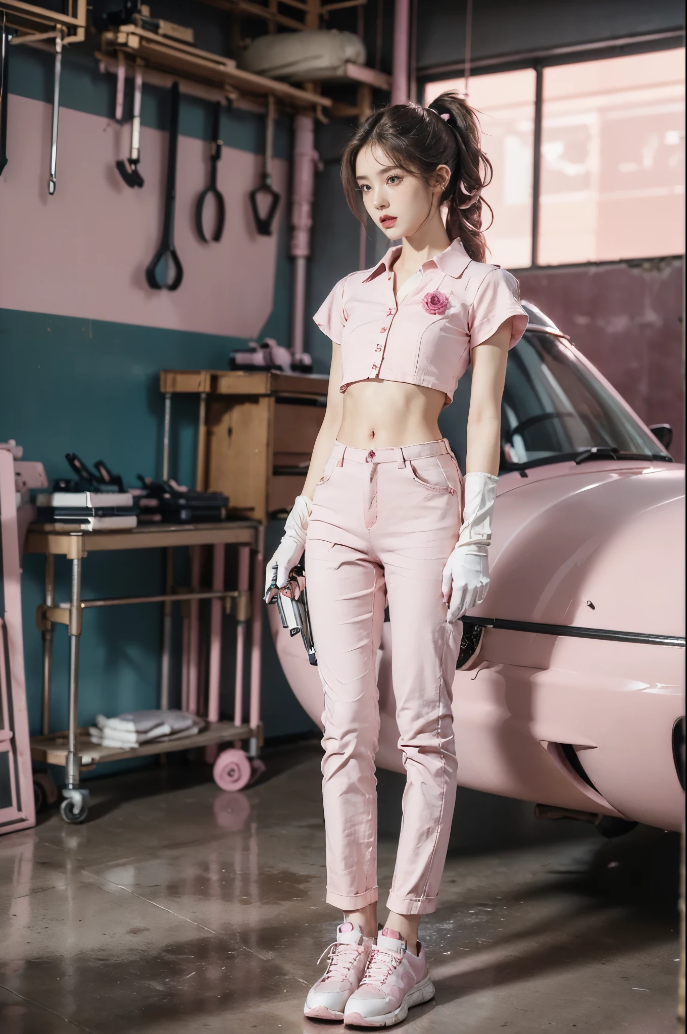 (((best quality))),(((ultra detailed))),(((masterpiece))),illustration,((1 beautiful girl,solo)),(short ponytail:1.2),((slim,thin)),((small breasts,flat chest)),(light rose-colored collared short-sleeved shirt:1.3),(gloves:1.3),(dark rose-colored pants:1.3),(slender legs:1.2),(sneakers:1.2),(standing:1.3),vibrant presence,curiosity,excitement,whimsy,intricate patterns,vibrant colors,contrasting beautifully,soft pink light,((various tools,equipment)),(in spacious Pink themed aircraft repair shop:1.3),(indoor:1.3),(beside a majestic pink Fighter Plane:1.3),((wrenches,screwdrivers,mechanical instruments)),(soft pink light:1.3),visually stunning effect,charm,uniqueness,wonder,curiosity,(cyberpunk style:1.3),((from front,full body))