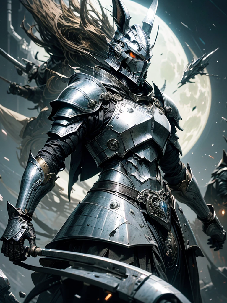 "Cinematic images of the Silver Armored Rabbit Warrior，Elaborate heavy armor shines in the cinema lights。”