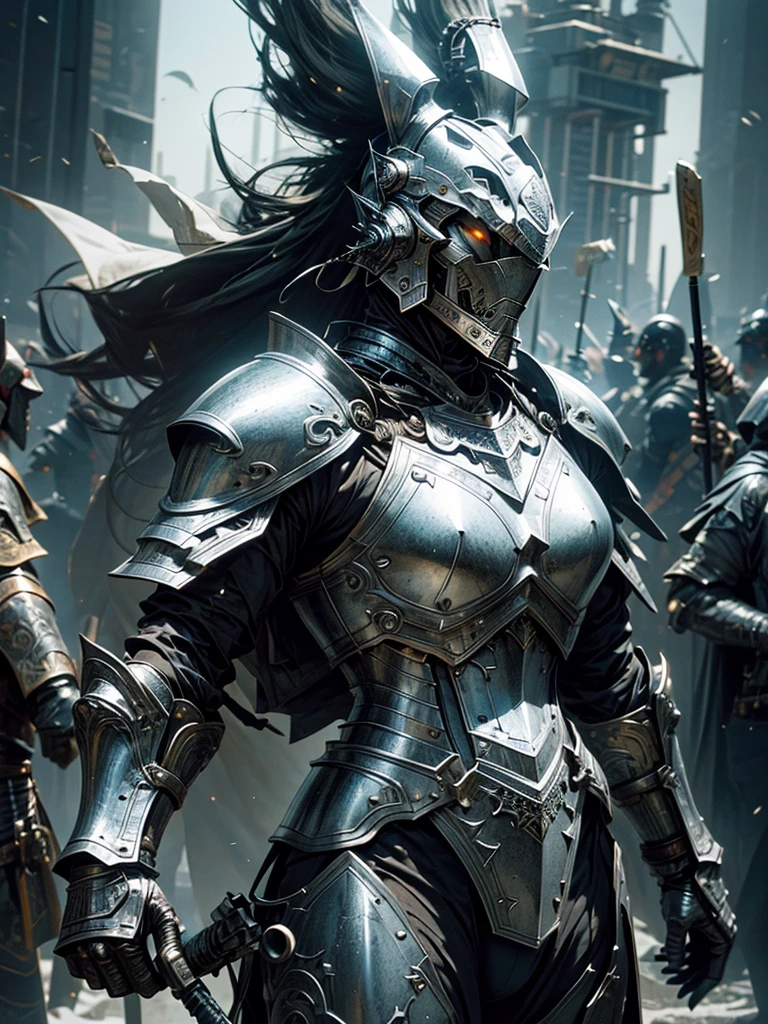 "Cinematic images of the Silver Armored Rabbit Warrior，Elaborate heavy armor shines in the cinema lights。”