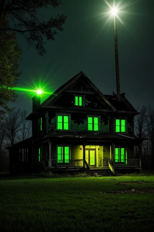 I want an image of an abandoned house transmitting a mysterious green light