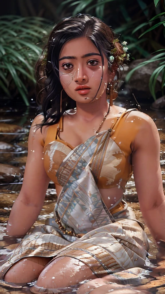 Close up portrait of Rashmika Mandanna  bathing naked in a crystal clear river, reeds, (backlighting), realistic, masterpiece, highest quality, lens flare, shade, bloom, [[chromatic aberration]], by Jeremy Lipking, by Antonio J. Manzanedo, digital painting,