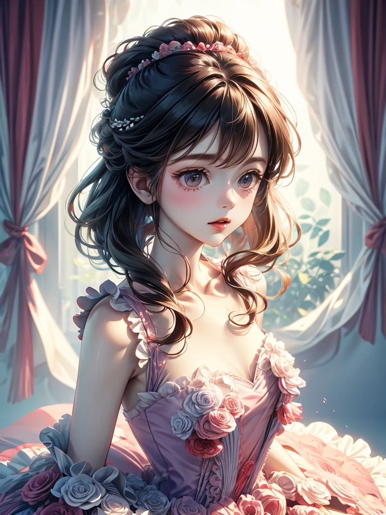 delicate　girl　cute　Sketch style　Pastel color dress　whole body　顔が影っていない