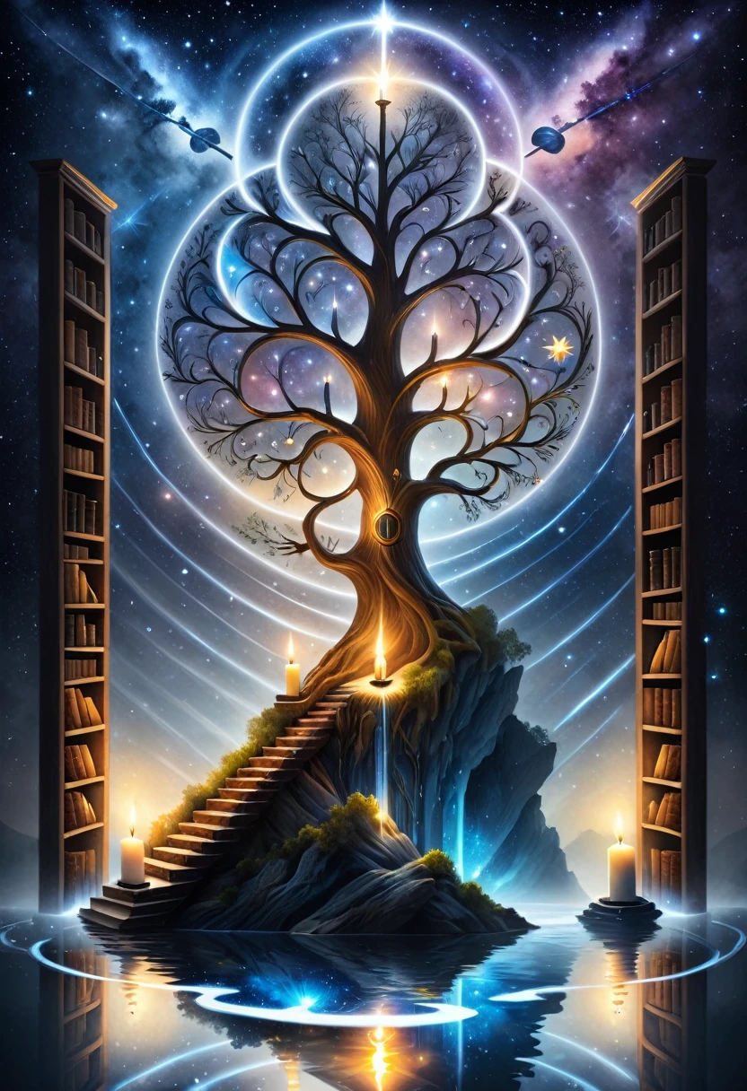 create a realistic drawing !Crystal with reflection of the Universe, Man in the Maze, Tree of knowledge, River of Time, Candle in the dark, star, books, compass, key, ladder