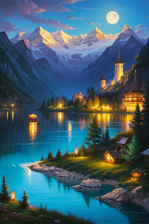 Highest quality、masterpiece、Landscape painting、Moon, Mountains and Lakes、night、Surrealism