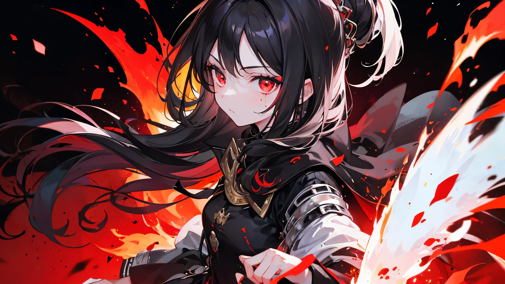 One girl, Black Hair, Red eyes, Fire Witch, Blood, Particles of light, light, wallpaper, High Contrast, colorful,