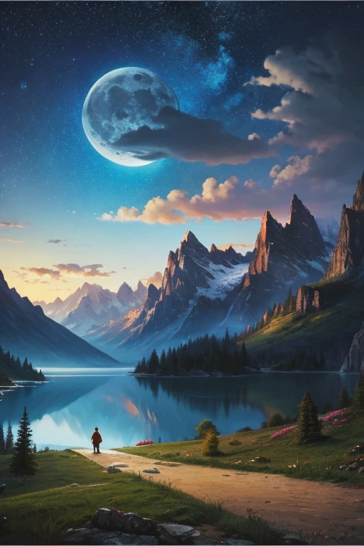 Highest quality、masterpiece、Landscape painting、Moon, Mountains and Lakes、night、Surrealism