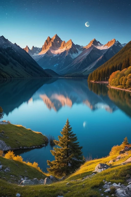 Highest quality、masterpiece、Landscape painting、Moon, Mountains and Lakes、night、Surrealism