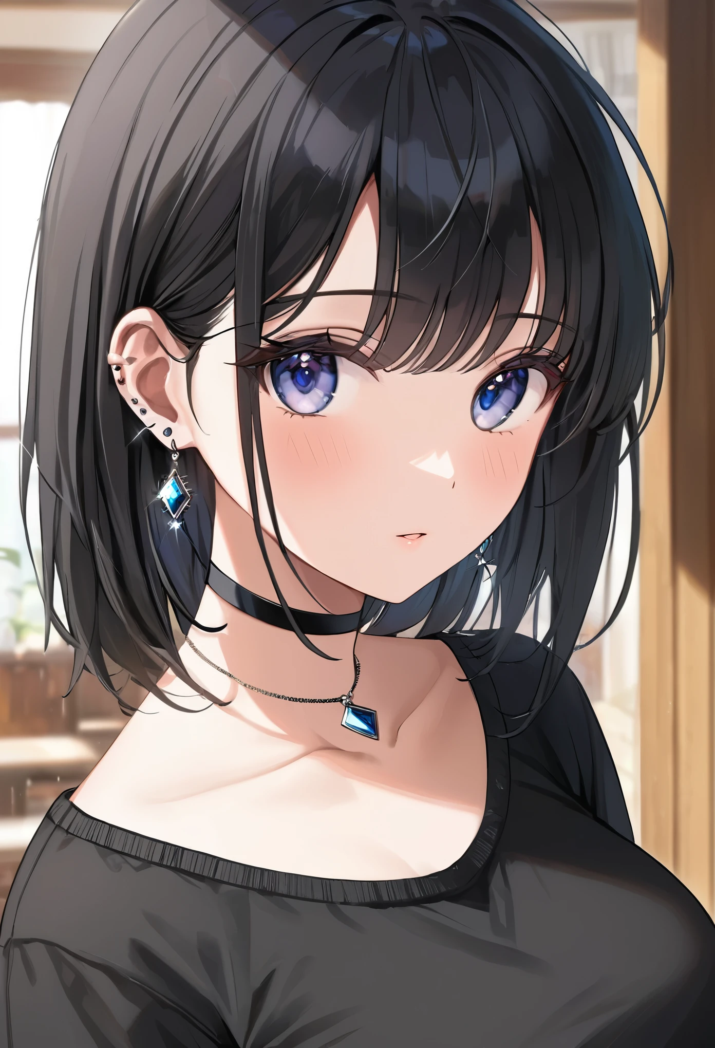 best quality, super_delicate, ultra detailed, beautiful, 8k , 1girl, milf, black hair, casual clothes, earrings, choker, indoor, bright, close up