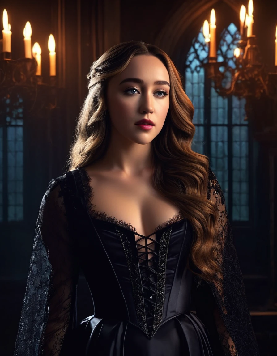 Alycia Jasmin Debnam-Carey in a romantic gothic style., with darkness, changing tones, dramatic lighting, and an air of mystery and drama. hyperrealistic photo, vibrant colors, 16k