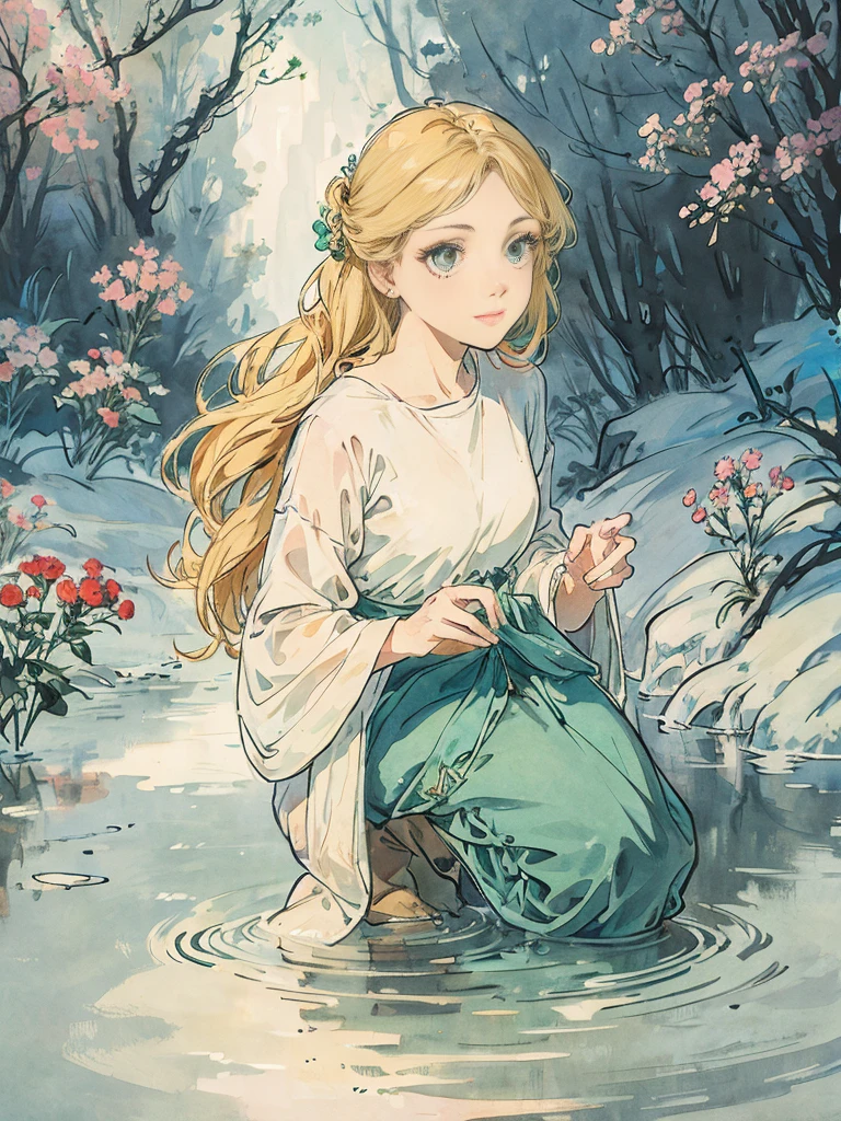 SFW,tabletop, best qualityer, high resolution, 1 girl in, whole body, Description Girls, detail of hands, detail fingers, face detail, Legs detail, 1 girl in, Leprechaun, looking to the down, flowers garden, black sky, atmospheric pollution, water color painting, pale skin, , hair blonde, long hair, Wavy hair, saddened, sad smile, greeneyes, tareme, medium breasts, white summer dress, bare back, Kneeling, tree planting