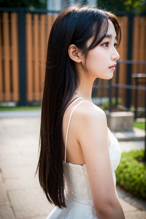 ((Highest quality)), ((masterpiece)), (detailed), Long Black Hair Lori Droopy eyes Short Clear High school girls younger sister whole body profile Back view