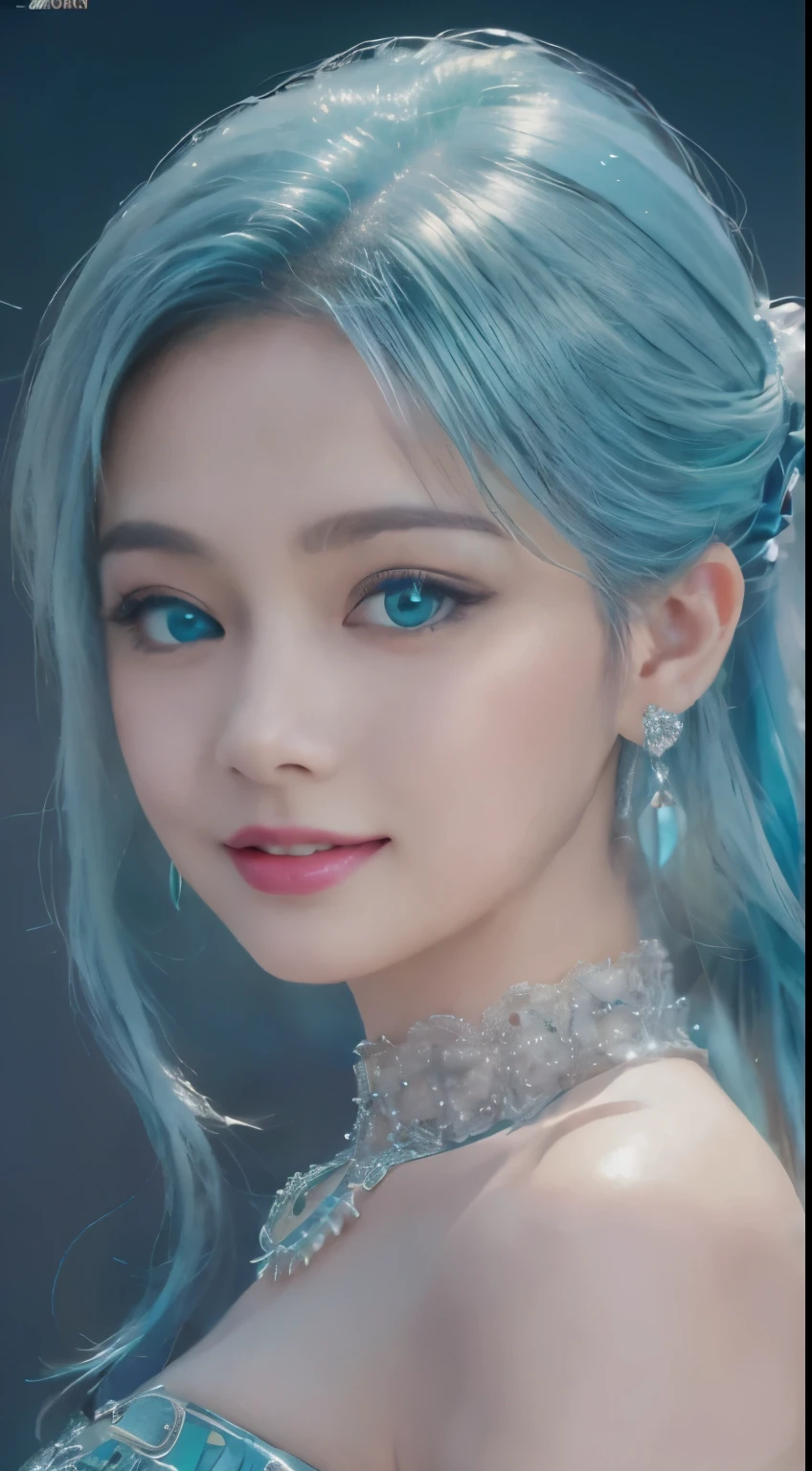 ponytail, Snow Peak Pavilion, hairpin, colored contact lenses(Shelley Gregg）, aqua eyes, Nedium Chest, smiling, like a jewel（earring）, modern, Chiaroscuro, movie lights, nikon, 85mm, high quality, 8k, best quality, super detail