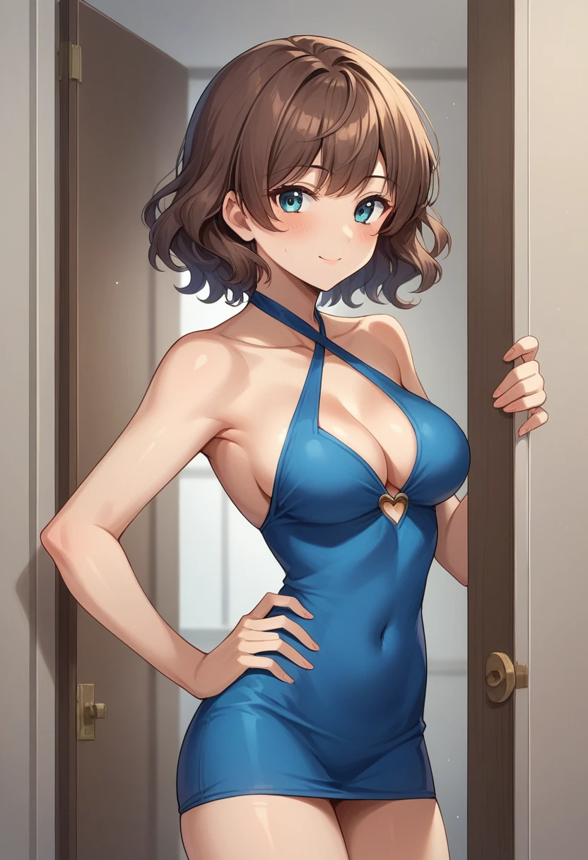 score_9, score_8_up, score_7_up, score_6_up, (three quarter shot:1.0), BREAK, 1girl, 30yo, female, short, slender slutty girl, brunette, wavy hair, cute and mature, wearing (very short blue halter minidress:1.1), (medium breasts, shoulder length hair:1.5), cleavage, BREAK, luxury office, standing in doorway, (sexy pose, hand on hip:1.3), naughty expression, perfect proportions.