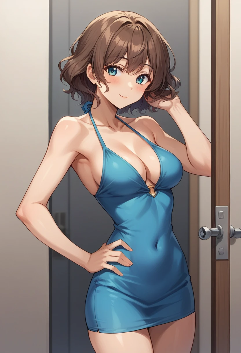 score_9, score_8_up, score_7_up, score_6_up, (three quarter shot:1.0), BREAK, 1girl, 30yo, female, short, slender slutty girl, brunette, wavy hair, cute and mature, wearing (very short blue halter minidress:1.1), (medium breasts, shoulder length hair:1.5), cleavage, BREAK, luxury office, standing in doorway, (sexy pose, hand on hip:1.3), naughty expression, perfect proportions.