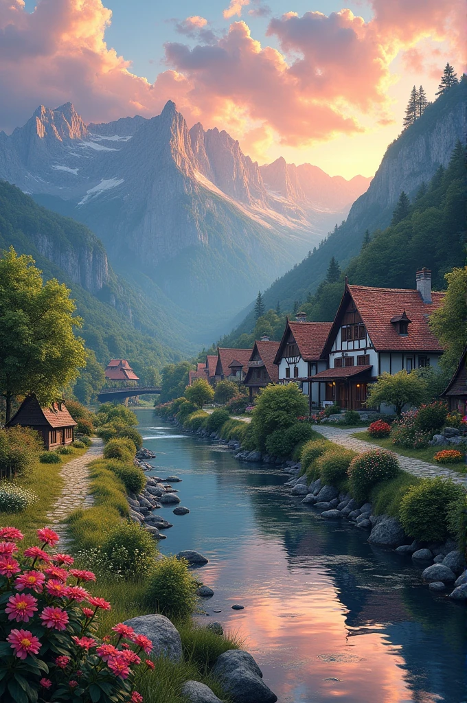 A small village by the river, Mountains in the background, Colorful flowers, Detailed landscape, Beautiful natural scenery, Atmospheric lighting, Blazing sunset, Warm colors, Practical, photoPractical, detailed foliage, Complex buildings, Cobblestone Street, Charming Country House, Vibrant colors, Lush greenery, Still water reflections, picturesque, Idyllic, masterpiece, best quality, 8K, Extremely detailed,Anime style