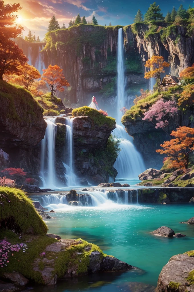 A fantastical world for a YouTube short video background. Envision a dreamlike landscape with floating islands in a vibrant sunset sky, waterfalls cascading from the islands into a serene, sparkling river below. There are luminous plants and trees with glowing leaves in various colors, and mythical creatures such as unicorns and dragons. Include a young girl with flowing hair and a magical aura, standing or exploring the landscape. The overall atmosphere should be magical and otherworldly, with a sense of wonder and adventure.