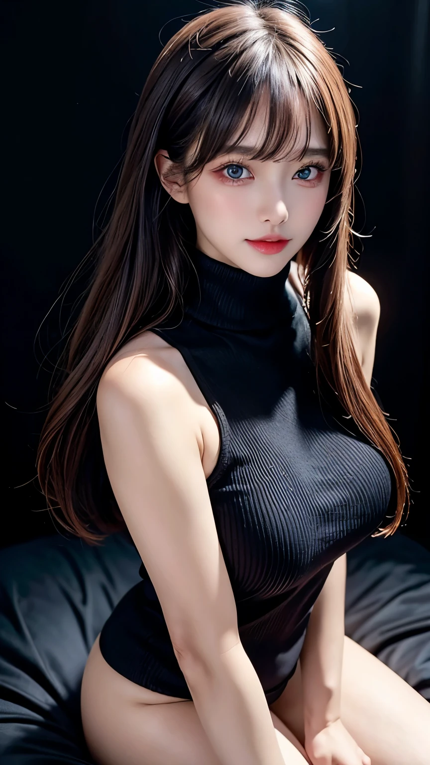 masterpiece, highest quality, Super detailed, Facing the camera, Super detailed, Realistic, Sharp features, Very detailed, Sharp focus, Perfect Face, Perfect Face, Perfect symmetrical perfect eyes, Perfect Plump Lips, Flexible female form, cinematic, Film Light, Super detailed, hyper Realistic, masterpiece, Atmospheric, High resolution, Vibrant, Dynamic Studio Lighting, ((Dark Background)), The expression when enduring pleasure, Straight bangs, Blue eyes,Black sweater, Cowboy Shot,The cleavage is visible、first round、Sexually aroused expression