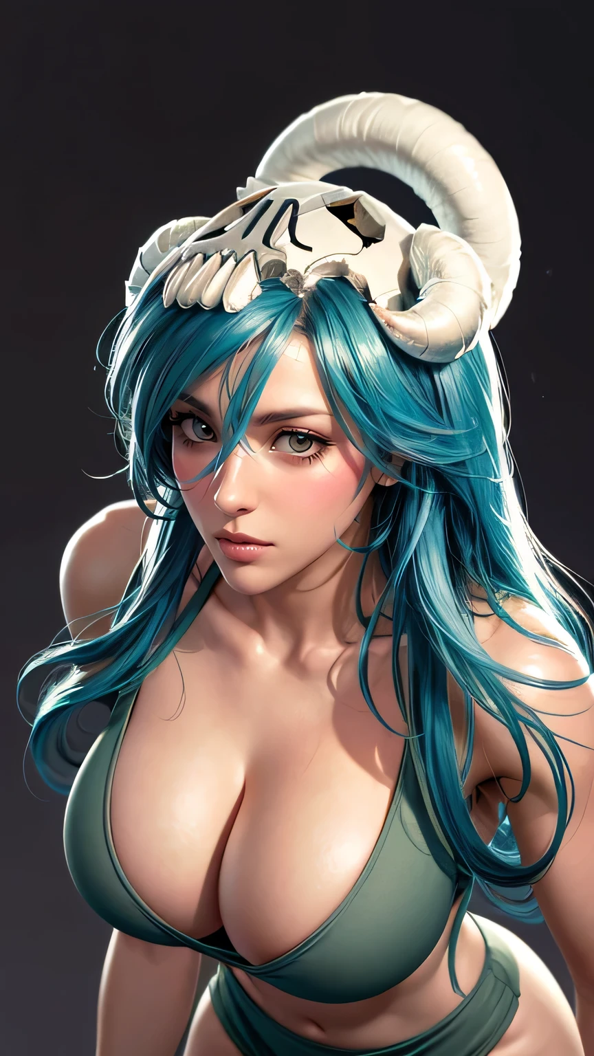 （（（Perfect figure，figure，tank top，（（（In the, long hair, facial mark, large breasts, hair between eyes,  skull,skirt，））），S-shaped figure:1.7））），((masterpiece)),high resolution, ((Best quality at best))，masterpiece，quality，Best quality，（（（ Exquisite facial features，looking at the audience,There is light in the eyes，Happy，Lol））），（（（Interlacing of light and shadow，huge boobs））），（（（looking into camera，black background，）））