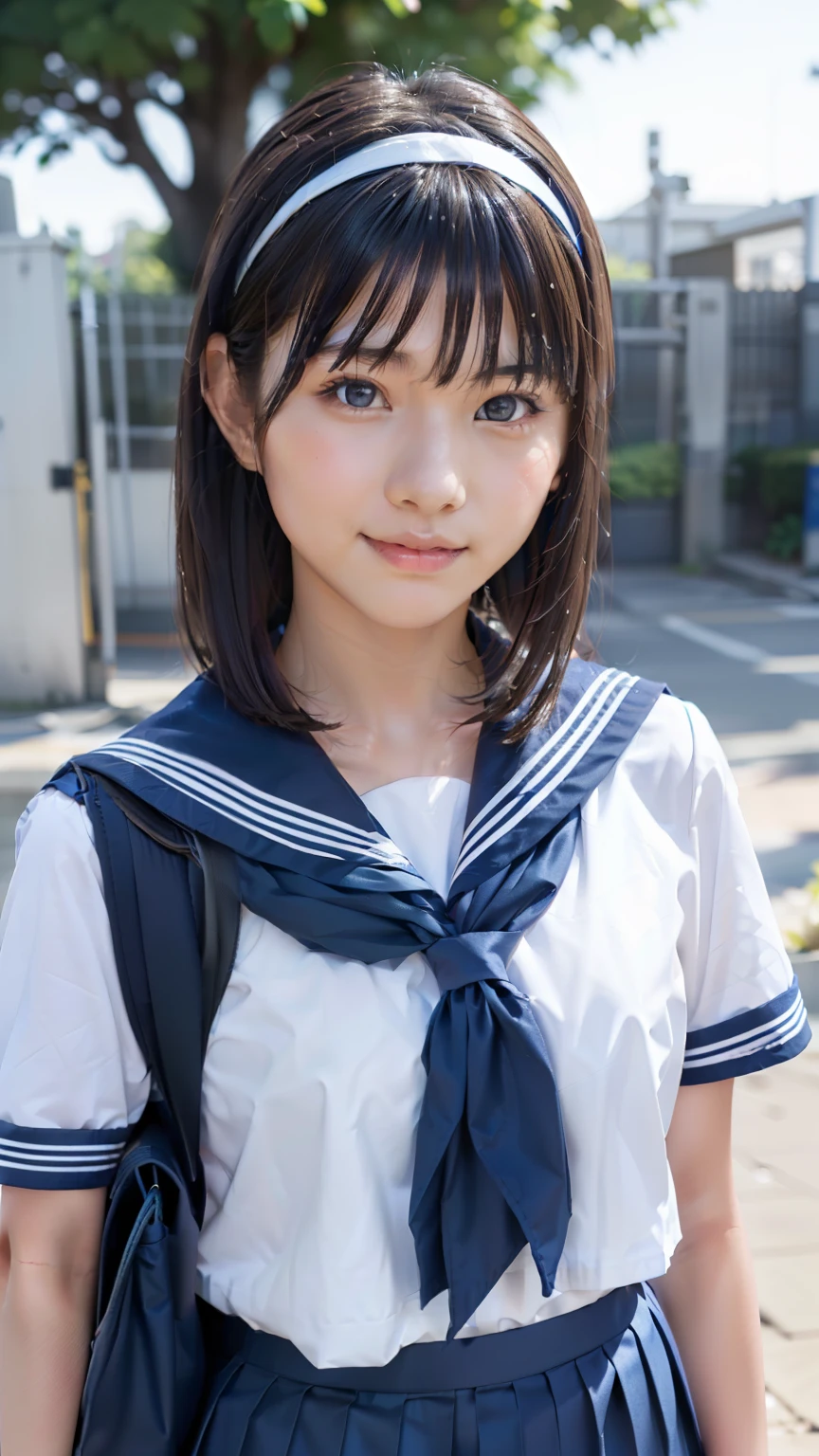 sailor uniform, One Woman, (Beautiful woman, delicate :1.3), Black Hair, bob cur hair, bangs, 8k, Highest quality, masterpiece, Very detailed, Ultra-high resolution, Realistic, RAW Photos, Absolute Resolution, Black Hair, Navy blue sailor uniform, (Navy blue pleated skirt:1.4), (Realistic junior high school student:1.4), (White headband:1.4), Small breasts, expensive, Bright Blue Eyes, (In front of the school gate), smile, (standing pose:1.4), (one school bag on shoulder:1.4), (long skirt:1.4), slender female body, Blur the background, (looking at the camera:1.4), glossy hair,
