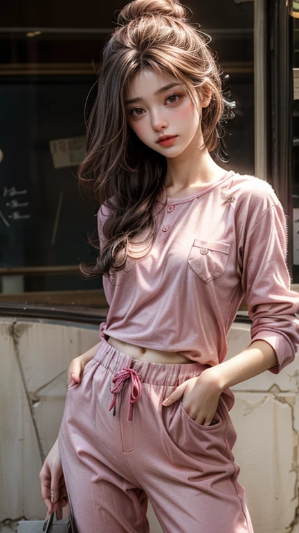 pretty girl, 22 years old, Realistic, She is wearing short pants, She is wearing pink pajamas, Brown Hair.