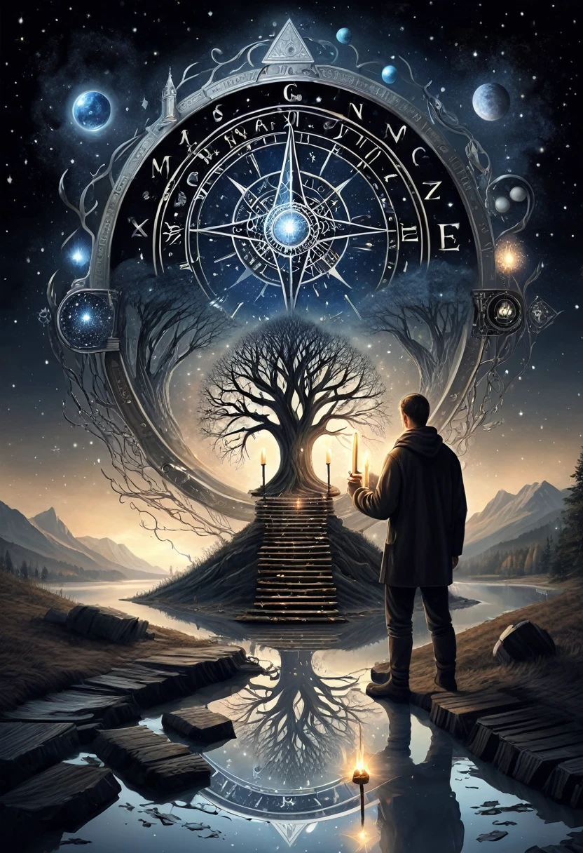 create a realistic drawing !Crystal with reflection of the Universe, Man in the Maze, Tree of knowledge, River of Time, Candle in the dark, star, books, compass, key, ladder