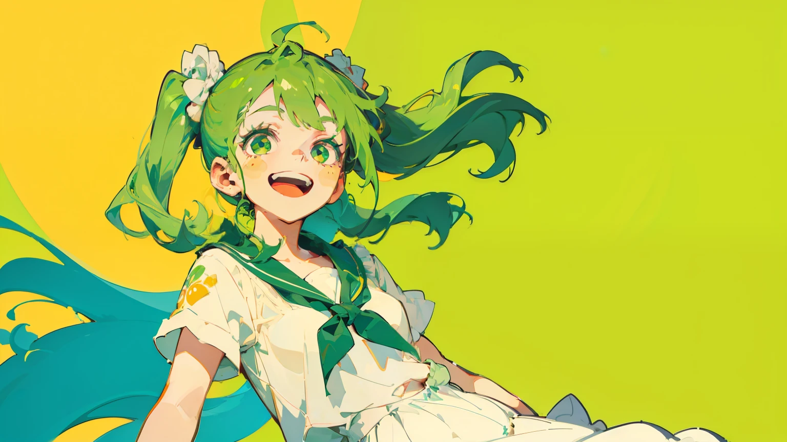 (masterpiece, Highest quality), one cute girl, the girl wearing (summer casual and cute clothes), green Eyes, green hair, one side up, medium breasts, hair scrunchie, :d, summer sky, (((bold outline))), Vector art, flat color,