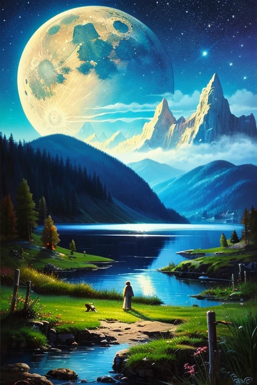 Highest quality、masterpiece、Landscape painting、Moon, Mountains and Lakes、night、Surrealism