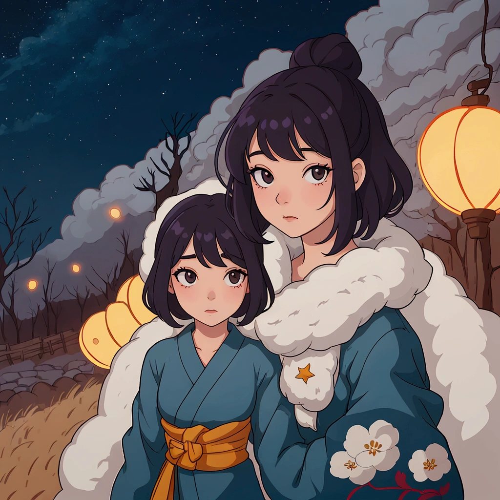 Create a scene of a 25-year-old woman looking out a window, Listening to music through headphones, Quiet and relaxing environment, Short black hair, Rear view, Gazing at the Horizon, At night, and through the window you can see fireflies and a beautiful landscape full of stars At night, Characters with detailed faces, hands and hair,Illustration Style、Showa Anime、Ukiyo-e、((girl))、Tokyo、Soft Touch、((Modern))、winter、High resolution, samba, Latina,,Tokyo、Stroll around the city at night
